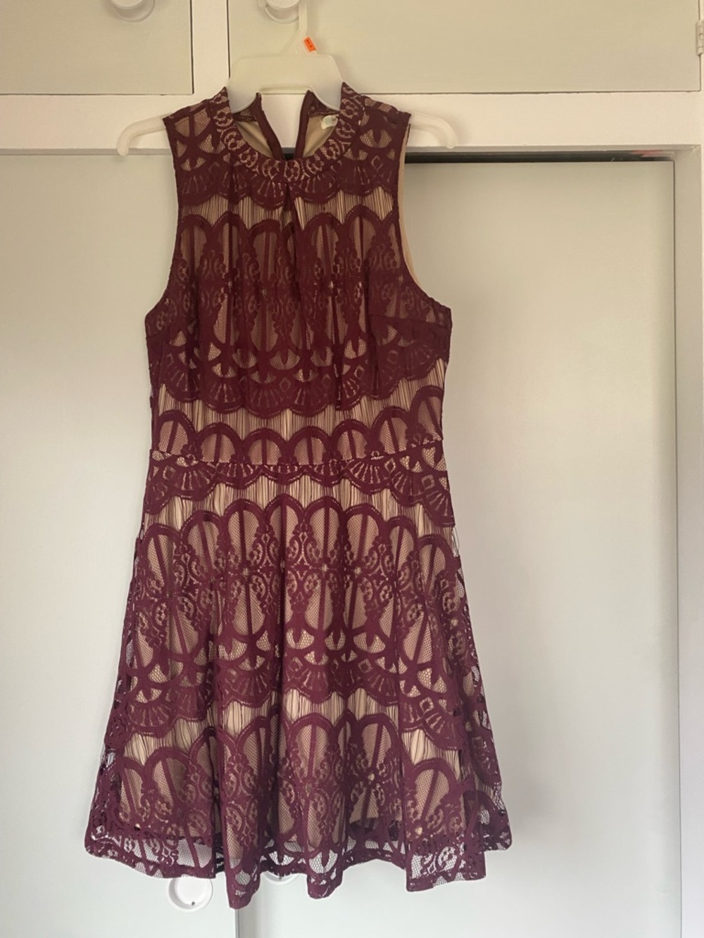Love Fire Burgundy Lace Dress Nude Lining Sleeveless Fit Flare Size Large